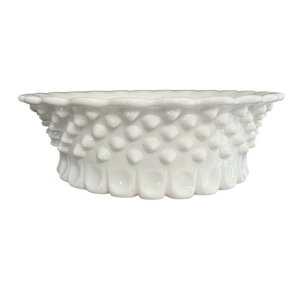 Fenton Mid-Century Hobnail‎ White Scalloped Edge Milk Glass Bowl Cottagecore